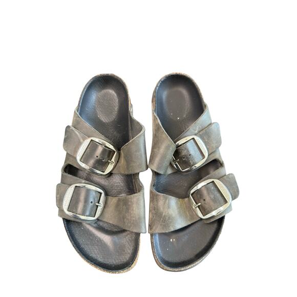 Birkenstock Gray Arizona Oiled Two Strap Cork Heel Slip On Sandals Size 8 - Picture 1 of 10